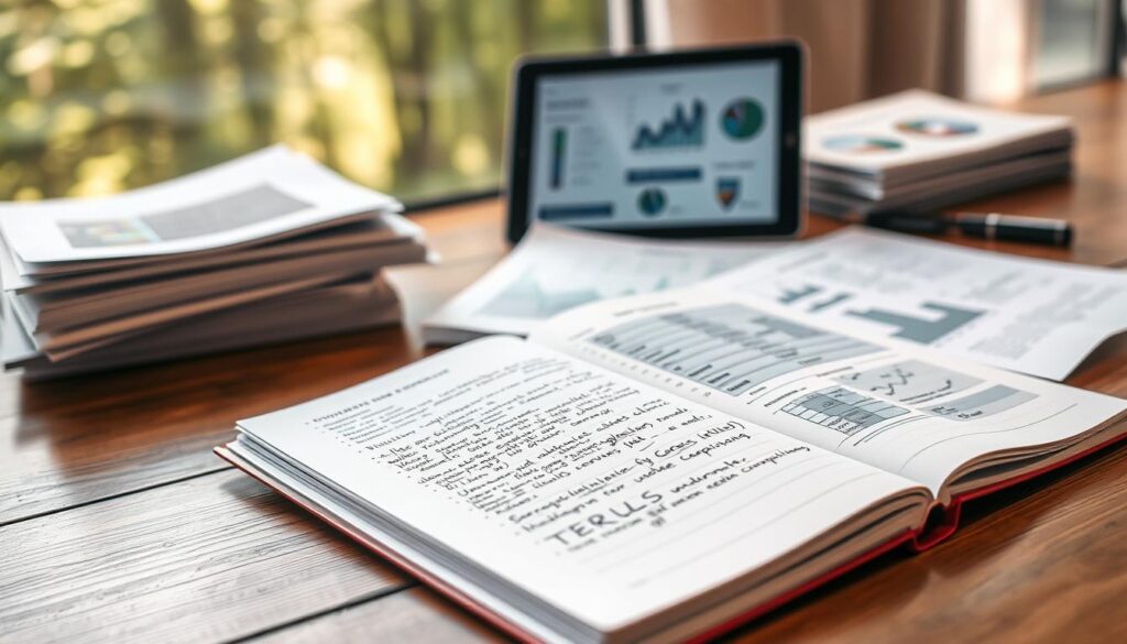 A detailed evaluation report on environmental education curriculum, displayed on a wooden desk. In the foreground, an open notebook with handwritten notes and charts. Behind it, a stack of papers and a tablet displaying graphs and data visualizations. The middle ground features a nature-inspired backdrop, such as a blurred forest or greenery, suggesting the connection between education and the environment. Warm, natural lighting illuminates the scene, creating a contemplative and analytical atmosphere. The composition emphasizes the process of reviewing and analyzing the curriculum's effectiveness, inviting the viewer to engage with the results of the evaluation.