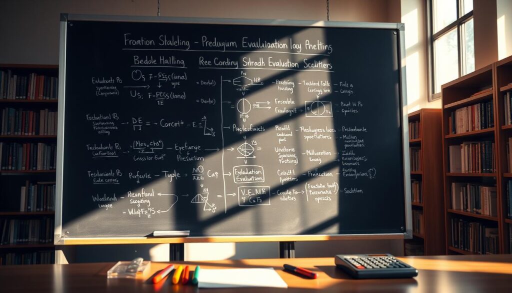 A large chalkboard standing in a sunlit classroom, its surface covered in a detailed diagram outlining the methodological steps of a program evaluation process. Diagrams, charts, and equations are neatly laid out, conveying a sense of structured analysis. Soft shadows and warm lighting create a scholarly atmosphere, inviting the viewer to study the intricacies of the evaluation methodology. In the foreground, a few colorful stationery items - pens, markers, and a calculator - suggest an active work-in-progress. The background features bookcases filled with reference materials, hinting at the depth of research informing this evaluation approach.