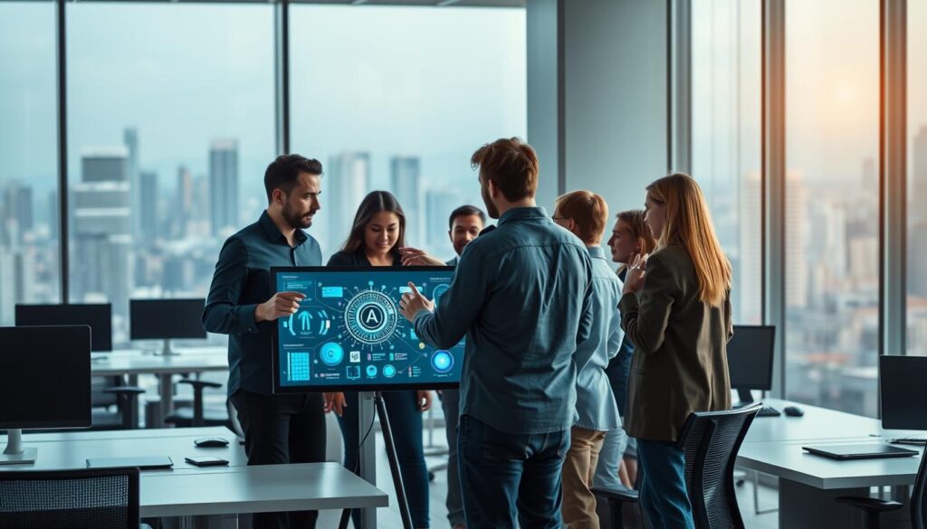 A sleek, modern office setting with a team of digital talent collaborating on cutting-edge projects. In the foreground, a group of diverse professionals huddle around a large touchscreen display, gesturing animatedly as they discuss intricate AI algorithms and cybersecurity strategies. Soft, directional lighting casts a warm glow, highlighting their intense focus. In the middle ground, rows of ergonomic desks and minimalist workstations convey an atmosphere of innovative productivity. The background features floor-to-ceiling windows overlooking a bustling cityscape, symbolizing the far-reaching impact of their digital endeavors. The overall scene exudes a sense of technological prowess, collaborative synergy, and a shared mission to drive digital transformation.