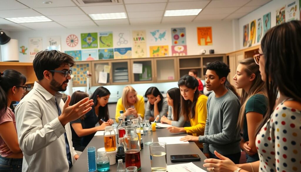 A vibrant and dynamic classroom setting, with a diverse group of high school students engaged in a collaborative chemistry lesson. In the foreground, a teacher gestures enthusiastically, using interactive visual aids and hands-on experiments to illustrate key chemical concepts. The middle ground features students working in small groups, discussing theories and analyzing data from their experiments. The background showcases a well-equipped laboratory, with state-of-the-art equipment and colorful scientific posters adorning the walls, creating an atmosphere of scientific exploration and innovation. Soft, directional lighting illuminates the scene, casting a warm, inviting glow and highlighting the students' engaged expressions. The overall mood conveys a sense of excitement, discovery, and a passion for learning.