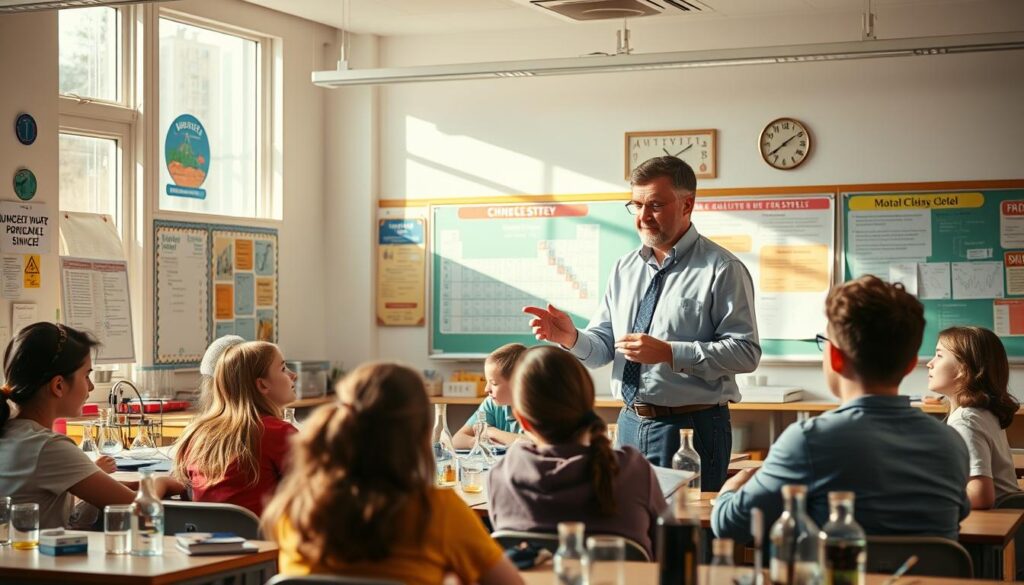 A well-lit classroom setting with a teacher standing at the front, engaged in an interactive lesson. The teacher's expression is one of enthusiasm and deep understanding, guiding students through a complex chemistry concept using visual aids and hands-on demonstrations. The students, sitting attentively, display a mix of curiosity and determination as they actively participate in the lesson. The classroom is adorned with educational posters, periodic tables, and scientific equipment, creating an atmosphere of intellectual stimulation. Warm, natural lighting filters through the windows, casting a soft glow over the scene. The overall composition conveys an effective teaching approach that fosters student engagement and comprehension.